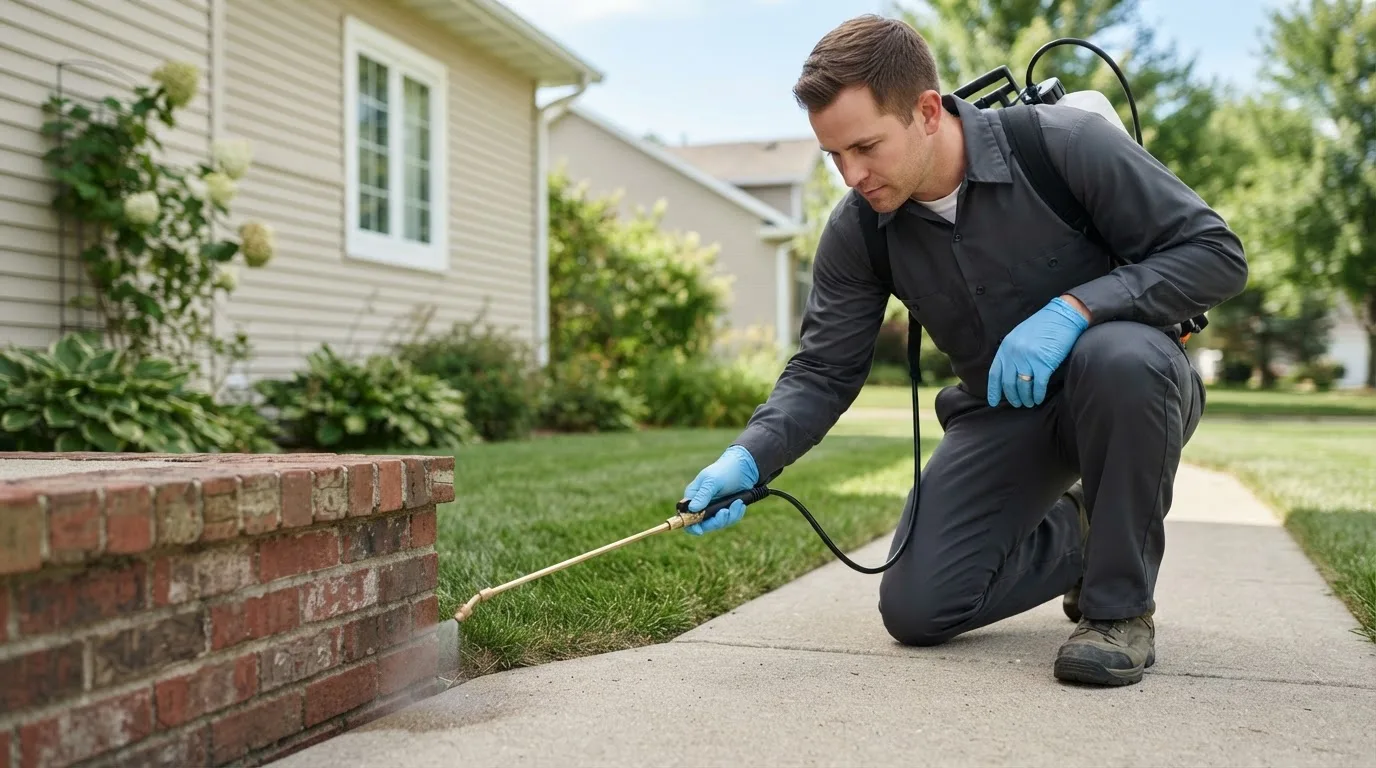 Pest control technician treating a home near Shoreham, NY