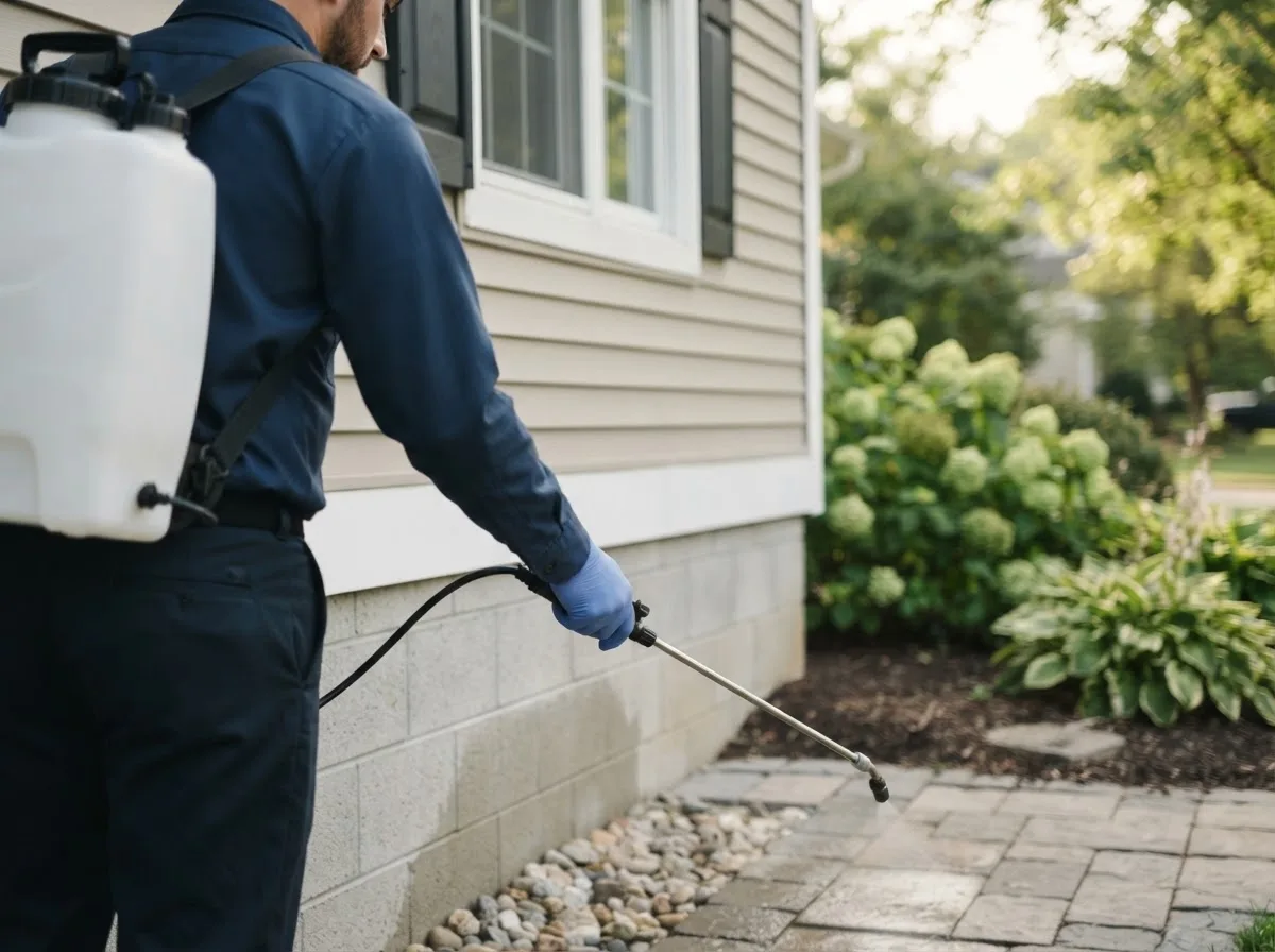 Pest control technician inspecting a home in Shoreham, NY